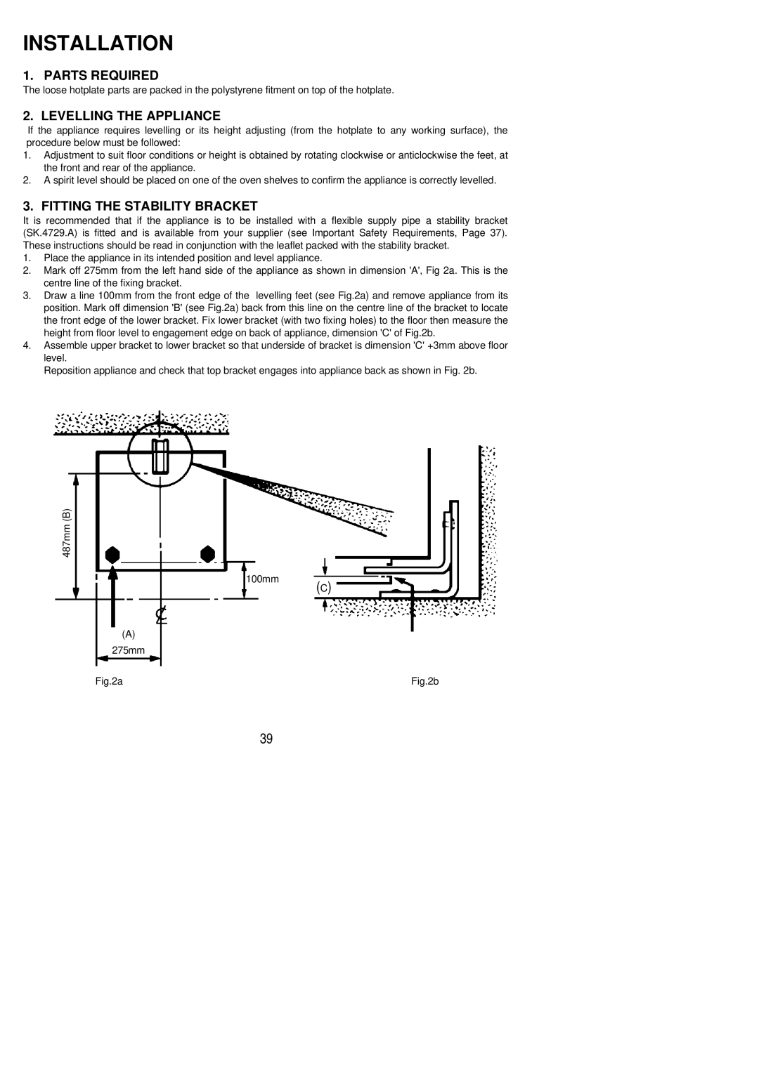 Electrolux RG55GL installation instructions Parts Required, Levelling the Appliance, Fitting the Stability Bracket 