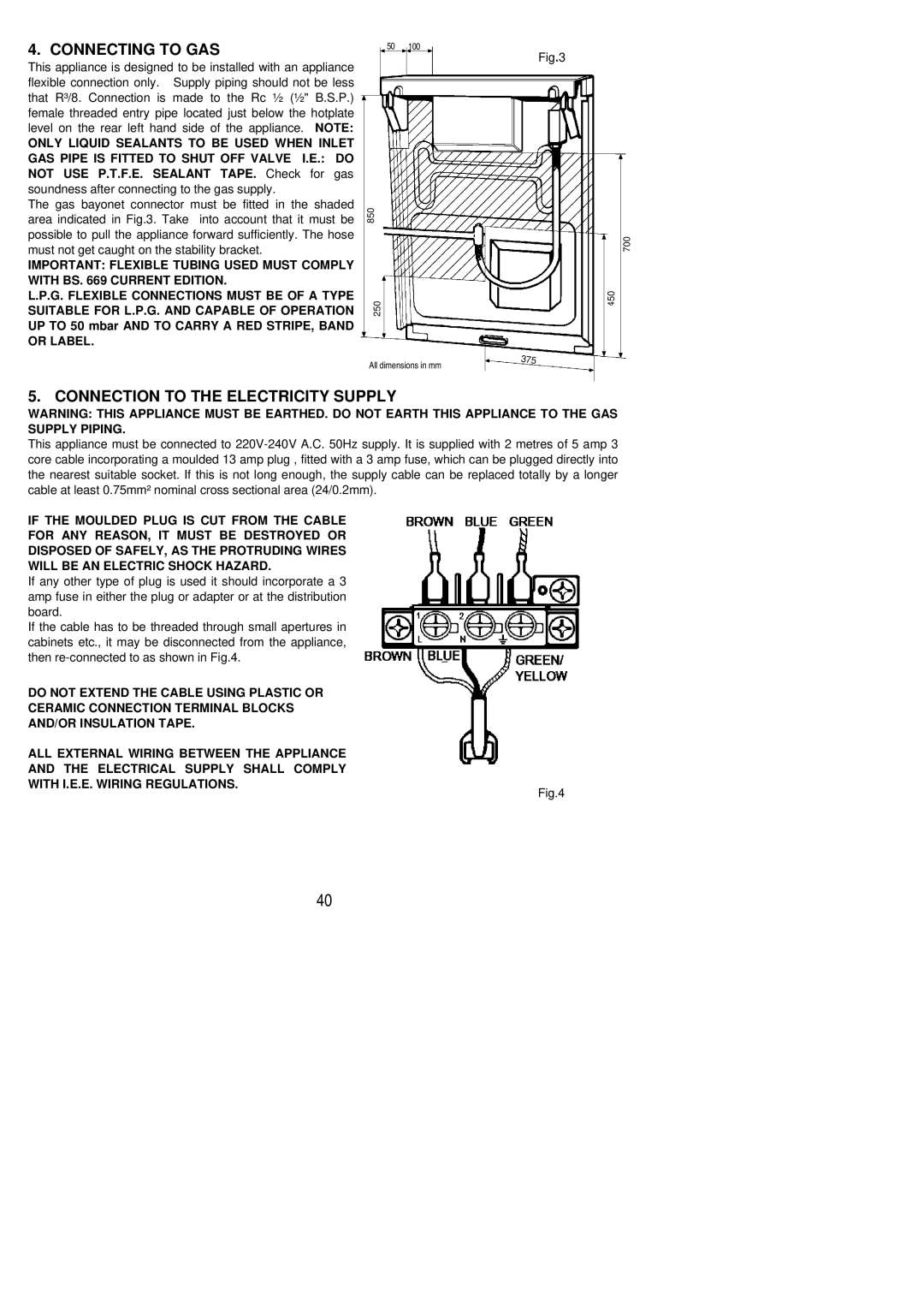 Electrolux RG55GL installation instructions Connecting to GAS, Connection to the Electricity Supply 