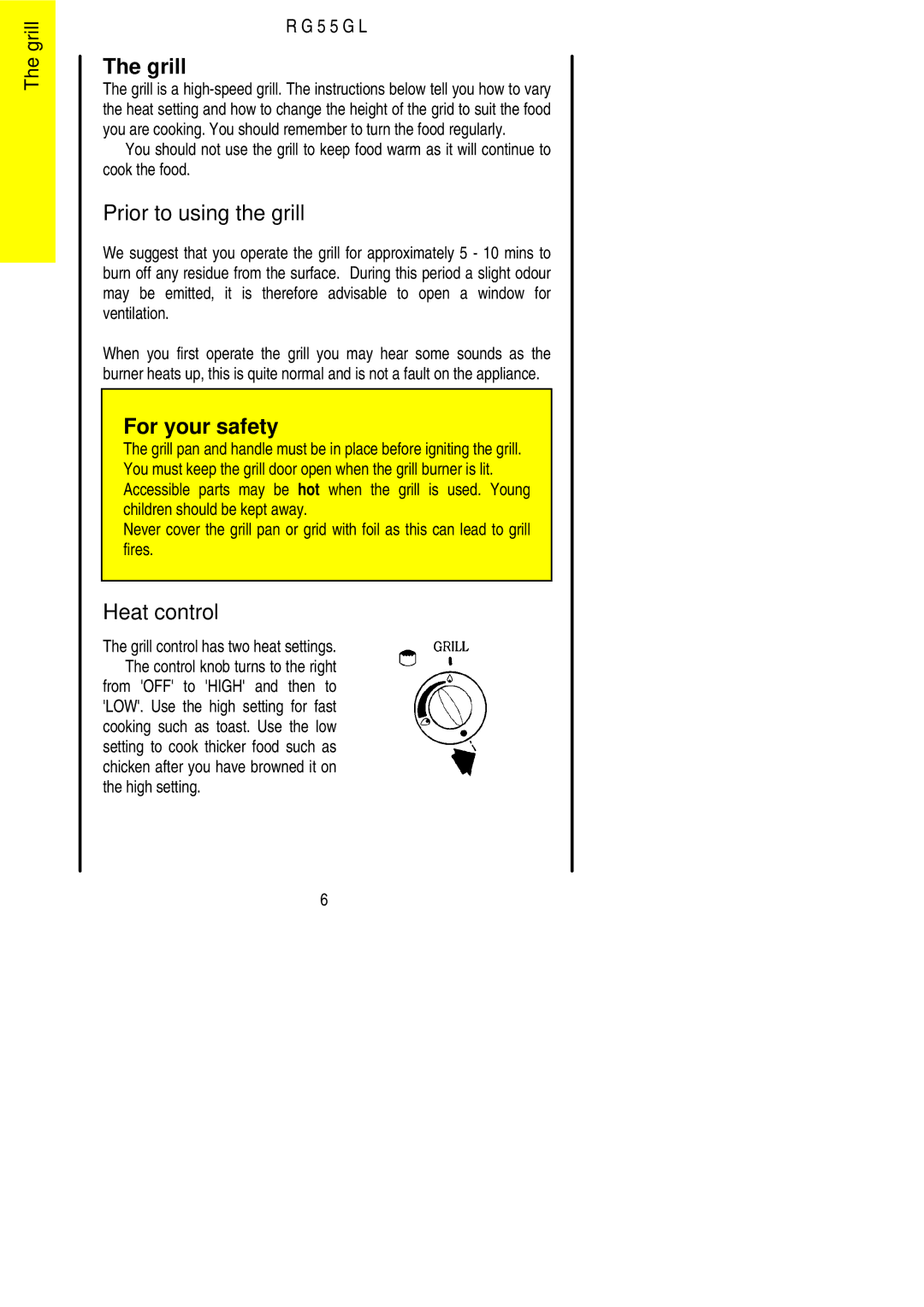 Electrolux RG55GL installation instructions Grill, Prior to using the grill, Heat control, High setting 