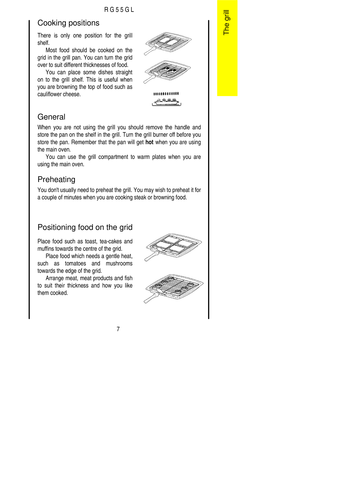 Electrolux RG55GL installation instructions Cooking positions, General, Preheating, Positioning food on the grid 