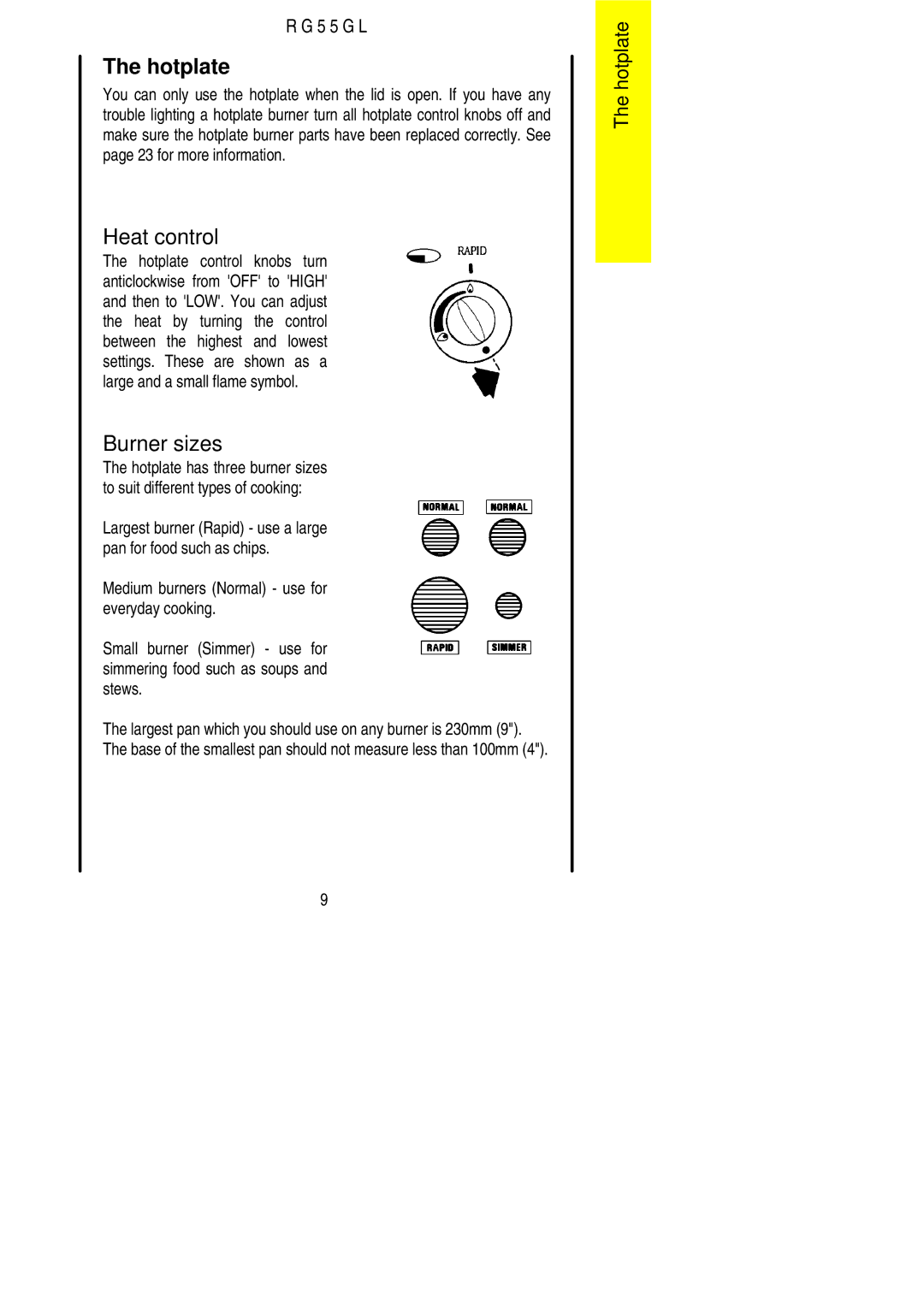 Electrolux RG55GL installation instructions Hotplate, Burner sizes 