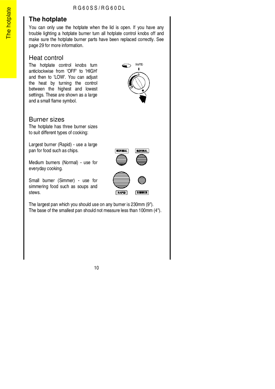 Electrolux RG60SS, RG60DL installation instructions Hotplate, Burner sizes 