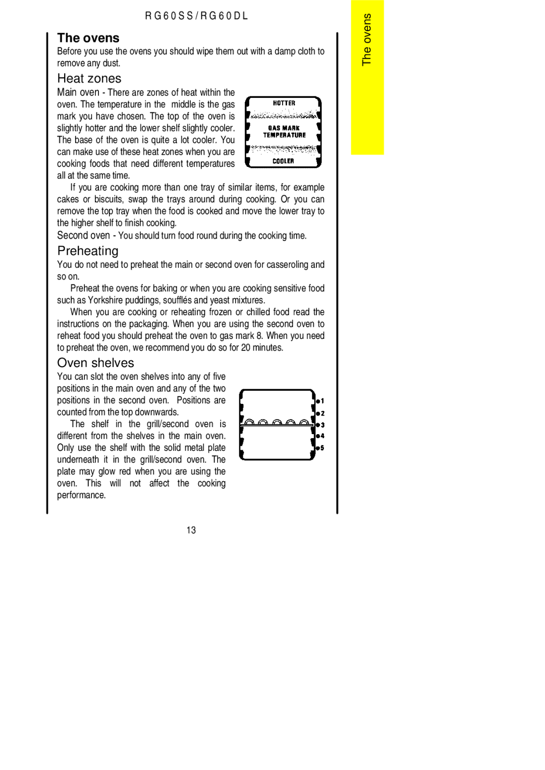 Electrolux RG60DL, RG60SS installation instructions Ovens, Heat zones, Oven shelves 