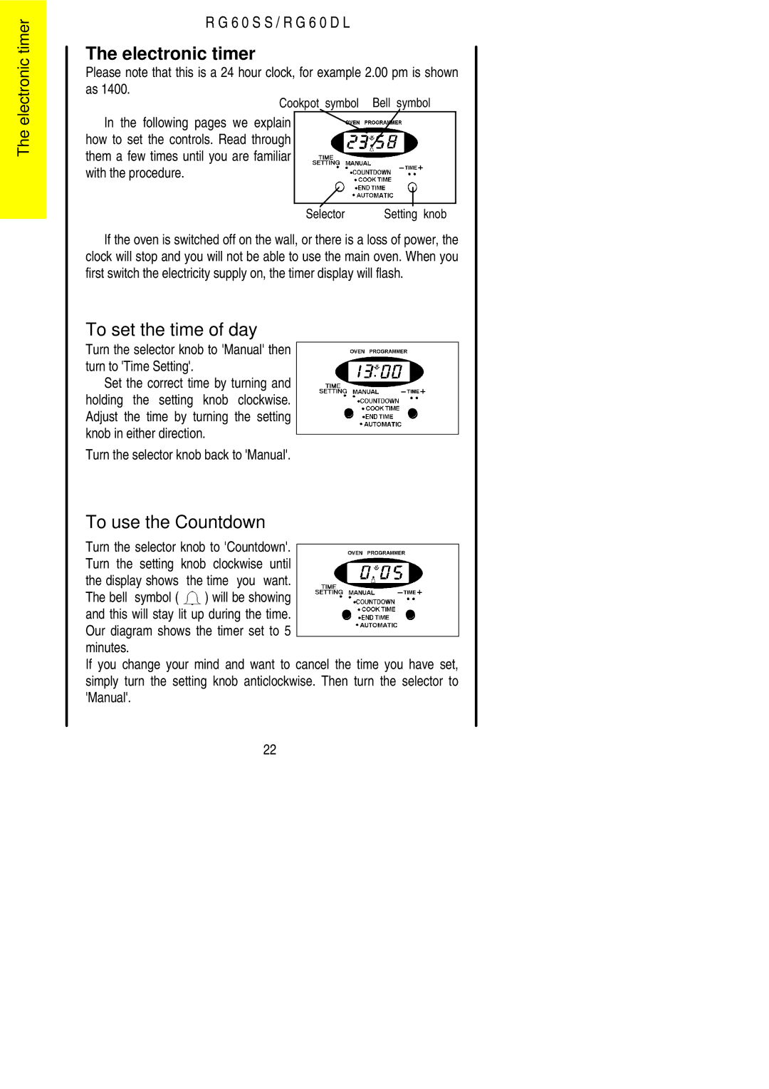 Electrolux RG60SS Electronic timer, To set the time of day, To use the Countdown, Turn the selector knob back to Manual 