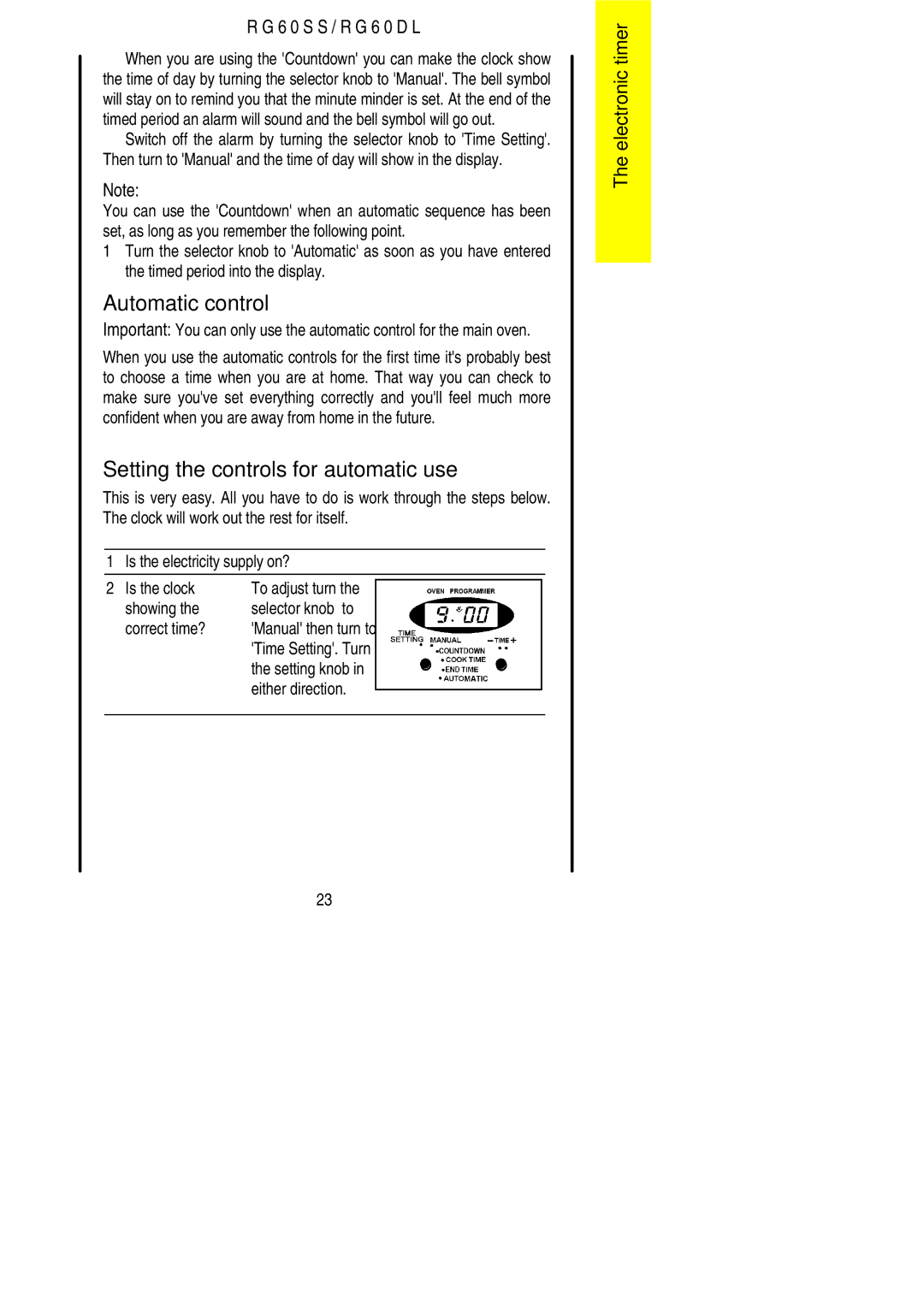 Electrolux RG60DL Automatic control, Setting the controls for automatic use, Showing Selector knob to Correct time? 