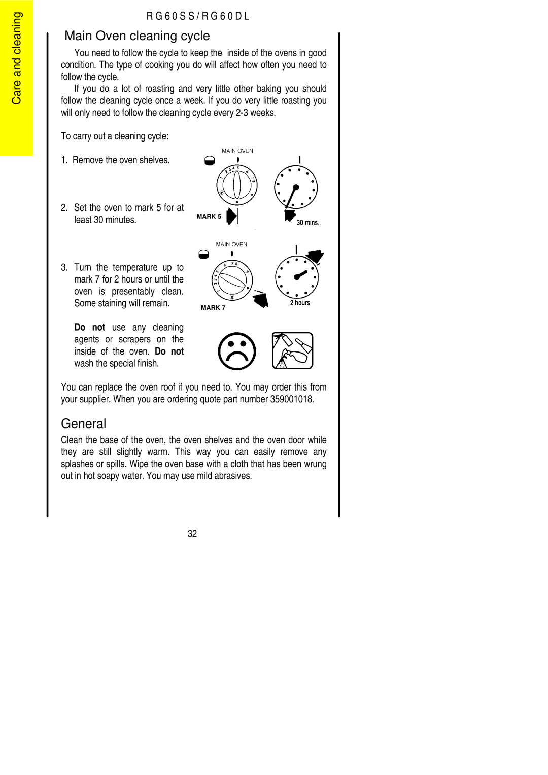 Electrolux RG60SS, RG60DL installation instructions Main Oven cleaning cycle, Least 30 minutes 