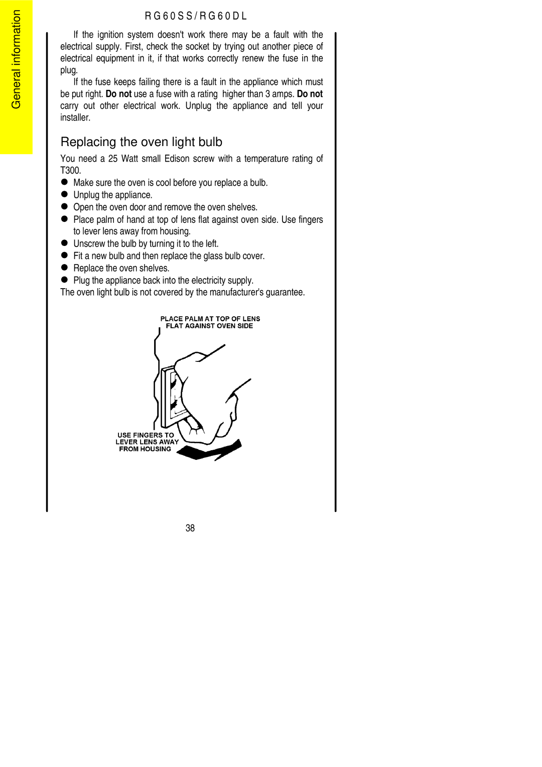 Electrolux RG60SS, RG60DL installation instructions Replacing the oven light bulb 