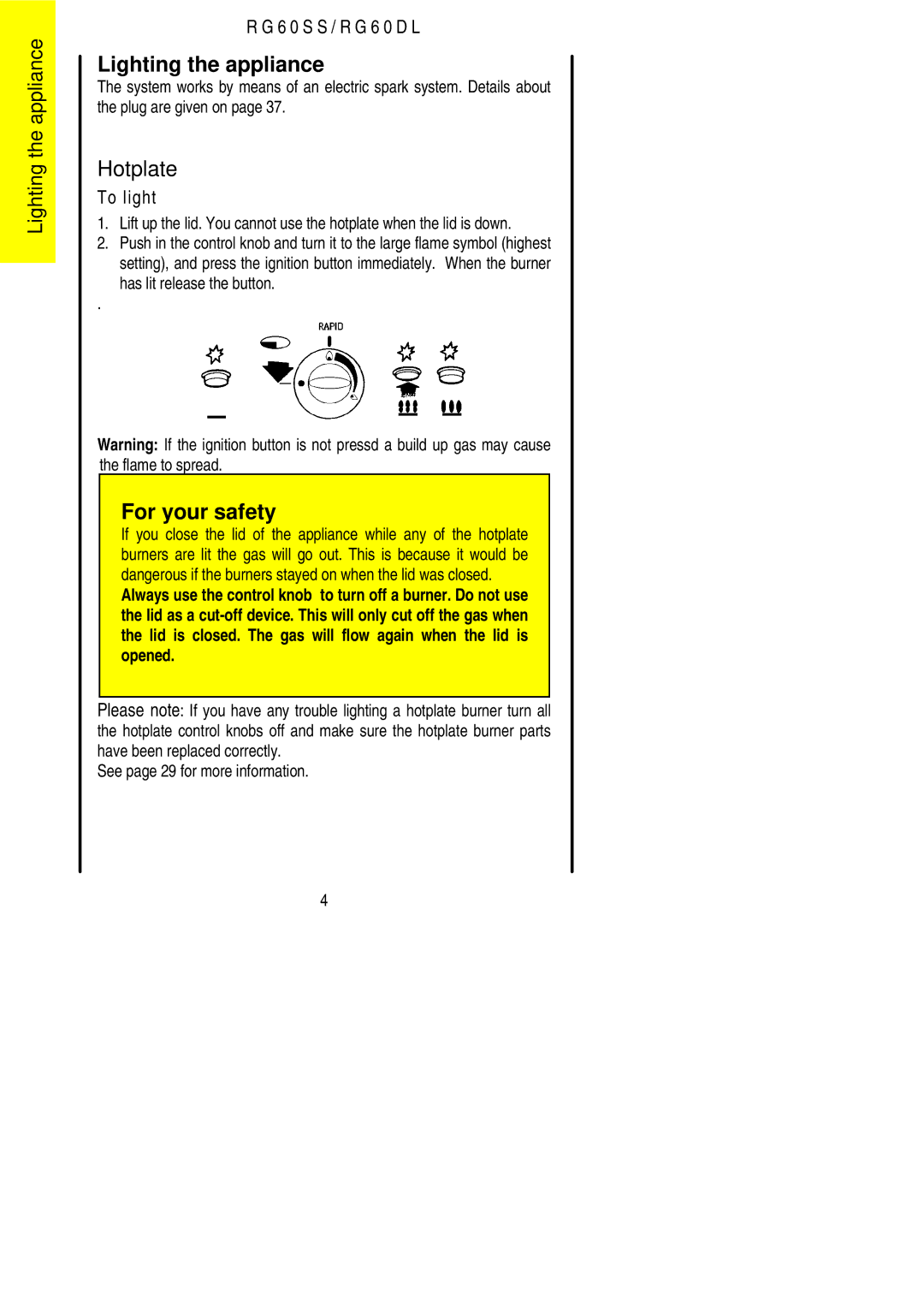 Electrolux RG60SS, RG60DL installation instructions Lighting the appliance, Hotplate, Has lit release the button 