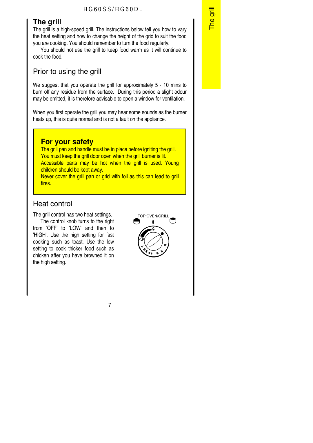 Electrolux RG60DL, RG60SS installation instructions Grill, Prior to using the grill, Heat control, High setting 