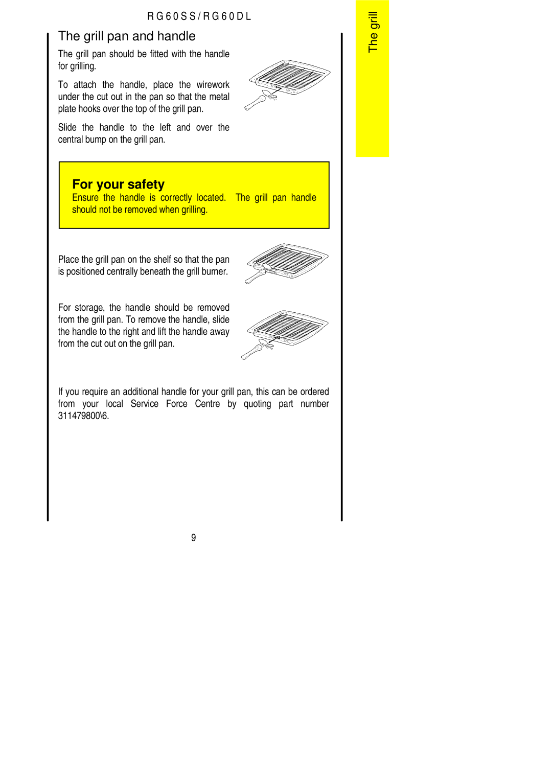 Electrolux RG60DL, RG60SS Grill pan and handle, Grill pan should be fitted with the handle for grilling 
