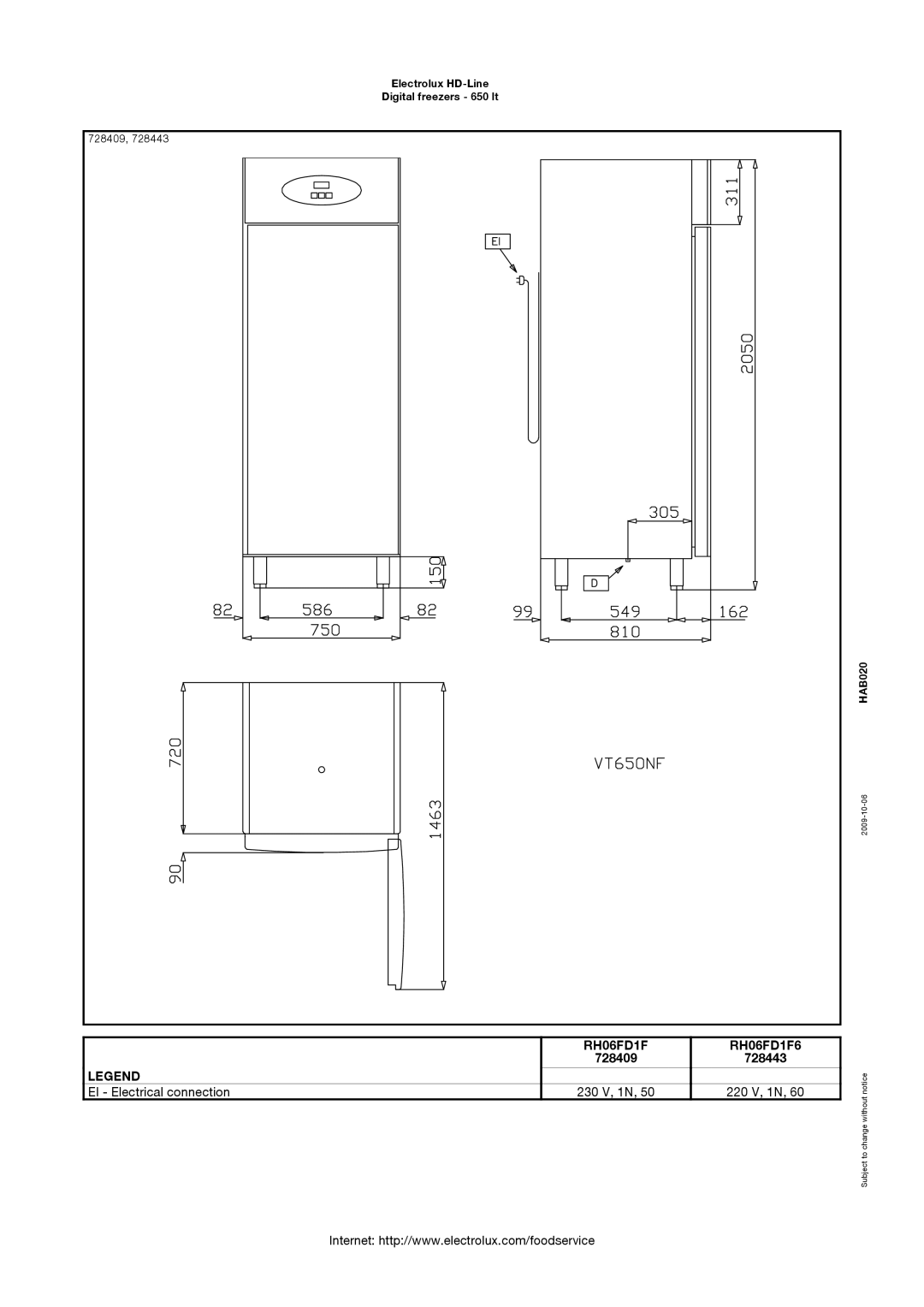 Electrolux 728411, RH06FD1FR, RH06FD2F, 728413, 728412, RH06FD1FL manual RH06FD1F RH06FD1F6, 728409 728443 230 V, 1N 220 V, 1N 