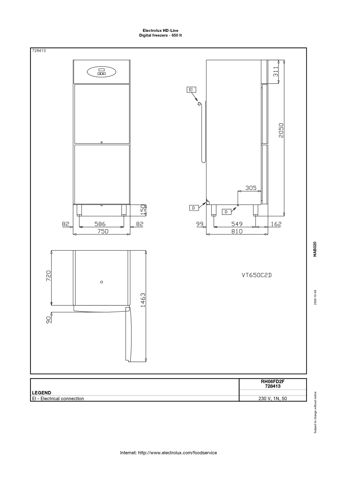 Electrolux 728443, RH06FD1FR, RH06FD2F, 728413, 728409, 728411, 728412, RH06FD1F6, RH06FD1FL manual 230 V, 1N 