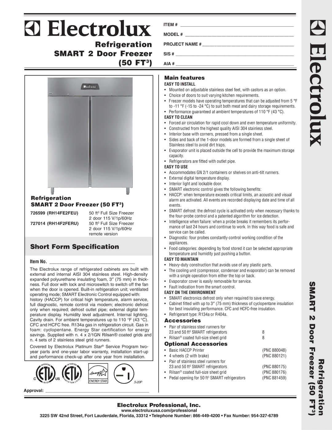 Electrolux RH14F2FERU warranty Main features, Refrigeration, Smart 2 Door Freezer 50 FT3, Accessories 