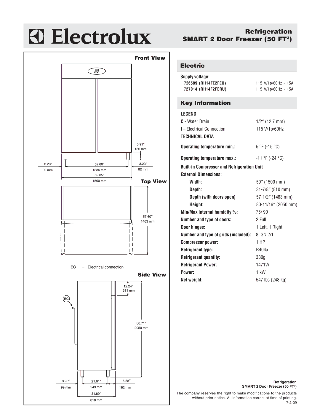 Electrolux RH14F2FERU warranty Front View, Top View, Side View 