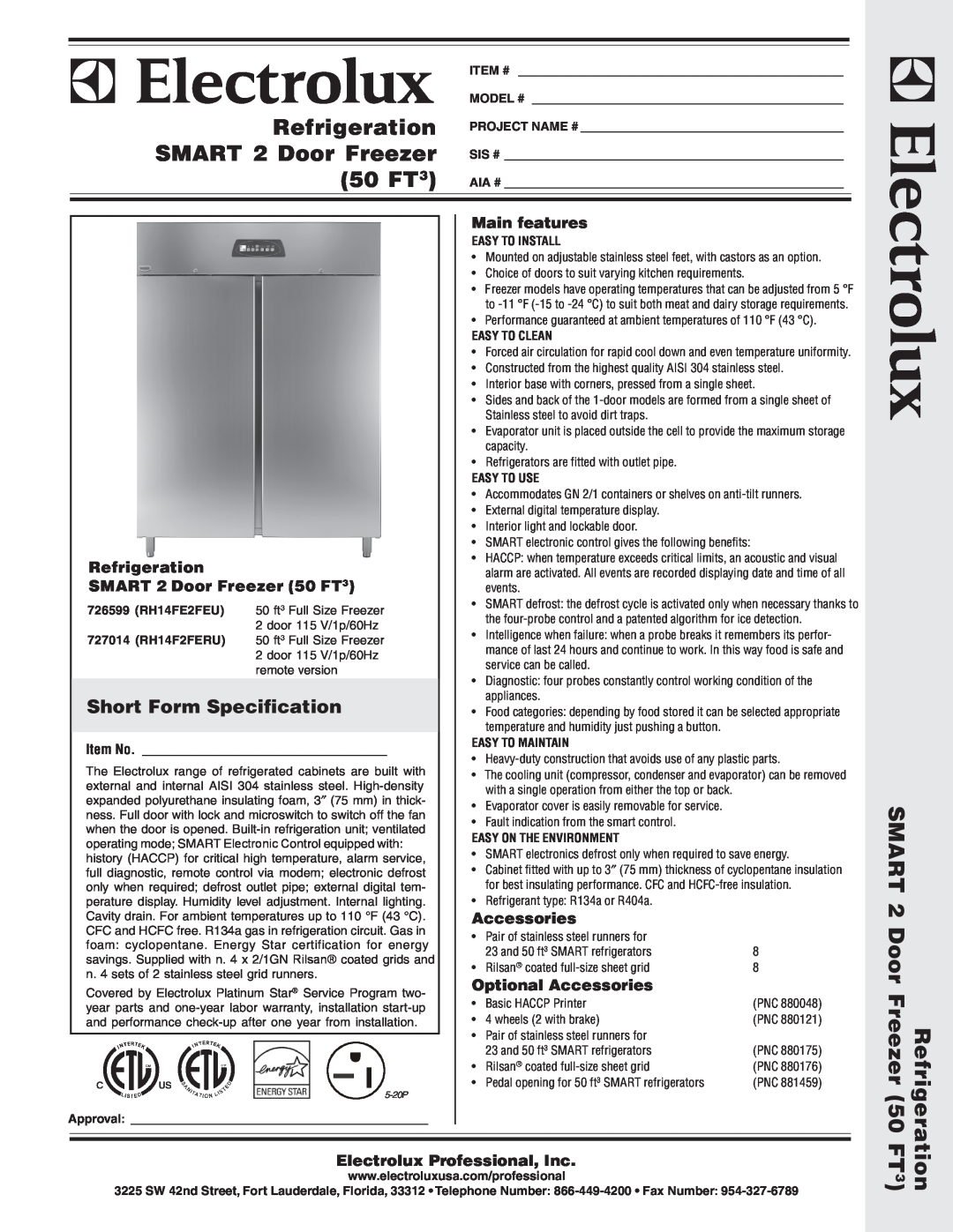 Electrolux RH14F2FERU warranty Short Form Specification, Main features, Refrigeration, SMART 2 Door Freezer 50 FT3 