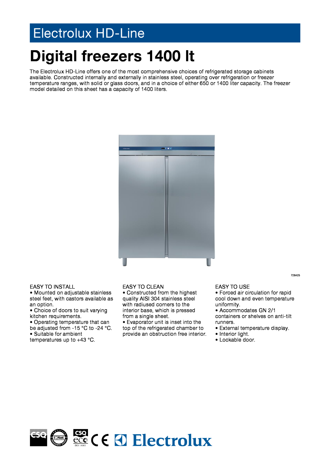 Electrolux 728425, RH14FD2F manual Digital freezers 1400 lt, Electrolux HD-Line 