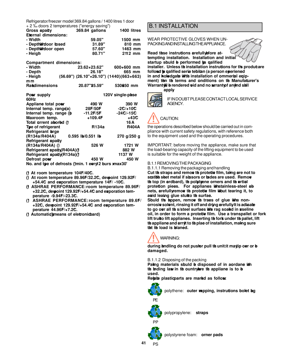 Electrolux RH14FE2FEU, RH14DD3U Ifindoubtpleasecontactlocalservice Agency, 1REMOVINGTHEPACKAGING, Disposing of the packing 