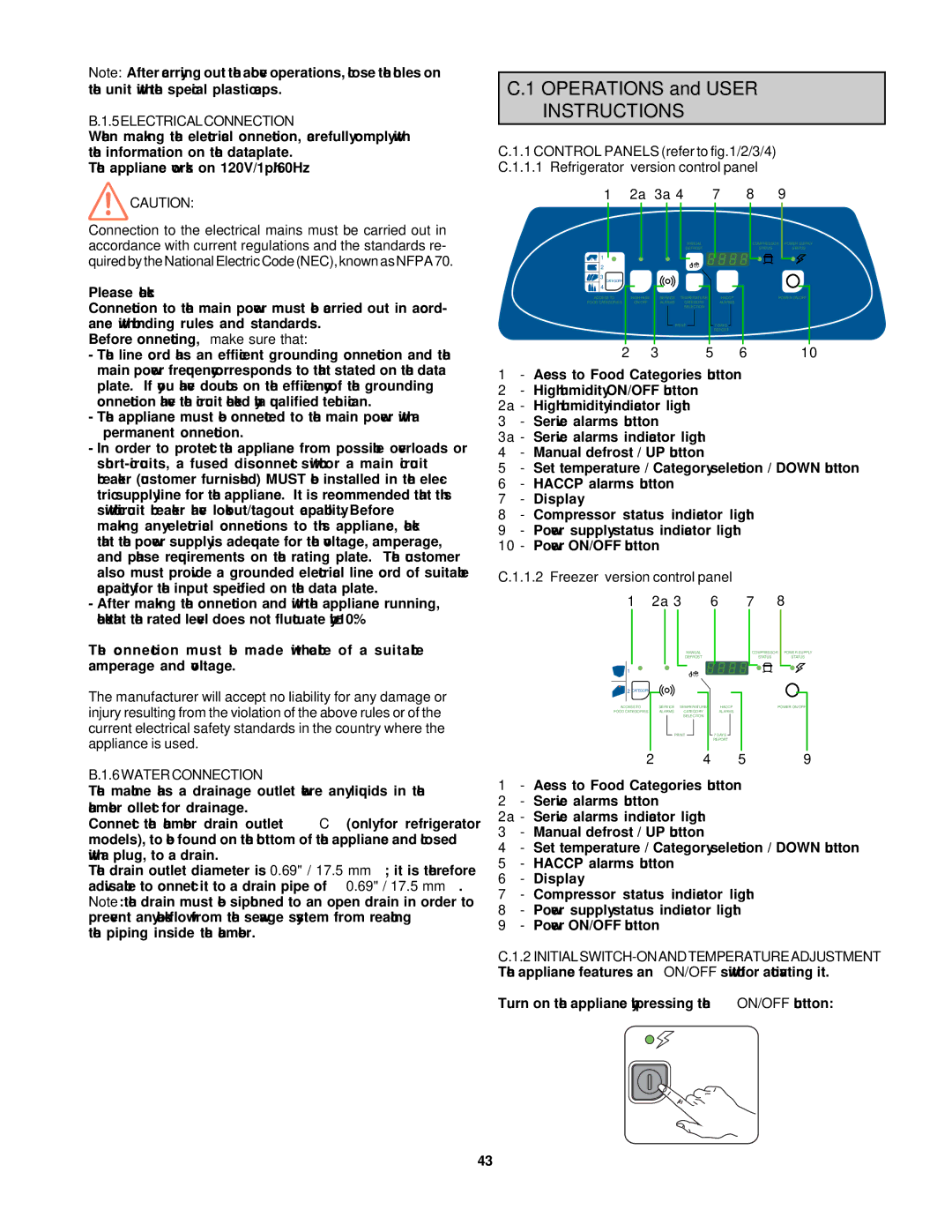 Electrolux RH14FE4HU, RH14RE4HU, RH14RE2FEU, RH14DD3U 5ELECTRICALCONNECTION, 6WATERCONNECTION, Freezer version control panel 