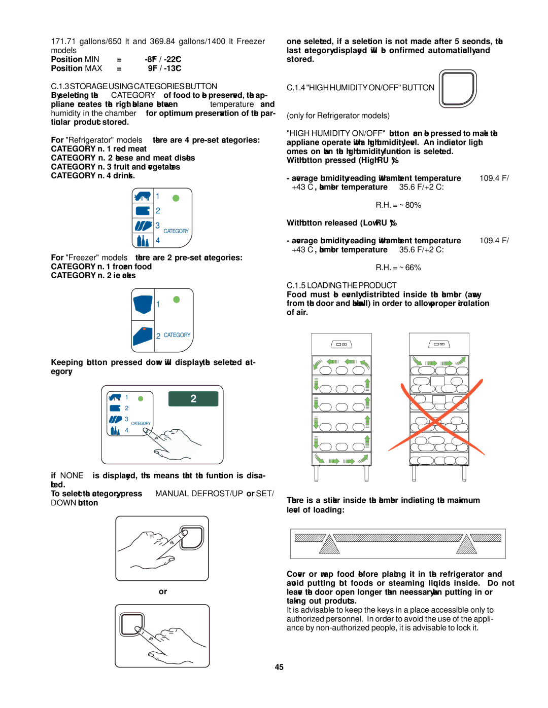 Electrolux 726680, RH14RE4HU, RH14RE2FEU manual 3STORAGEUSINGCATEGORIESBUTTON, 4HIGHHUMIDITYON/OFFBUTTON %, Loadingtheproduct 
