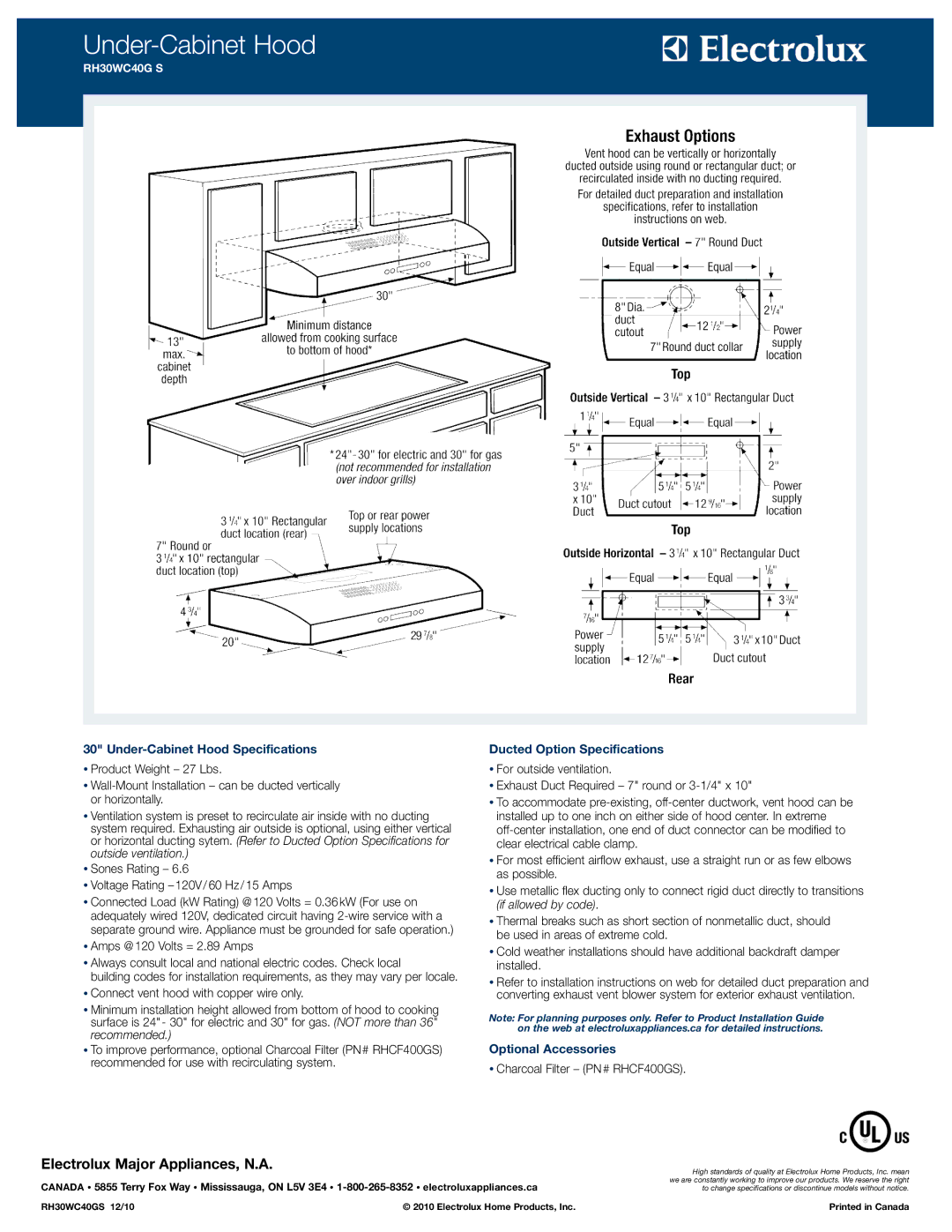 Electrolux RH30WC40GS specifications Under-Cabinet Hood Specifications, Ducted Option Specifications, Optional Accessories 