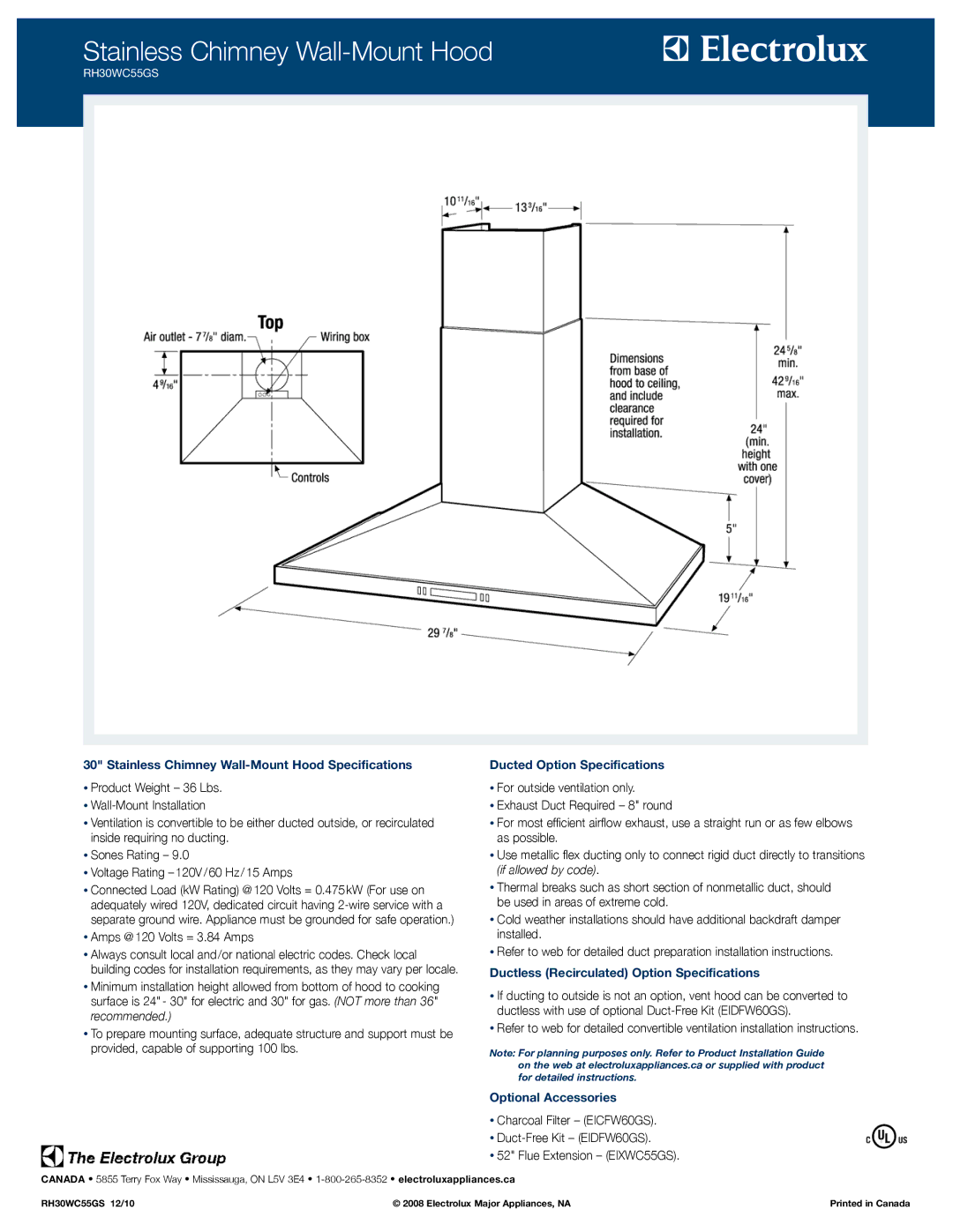 Electrolux RH30WC55GS Stainless Chimney Wall-Mount Hood Specifications, Ducted Option Specifications, Optional Accessories 