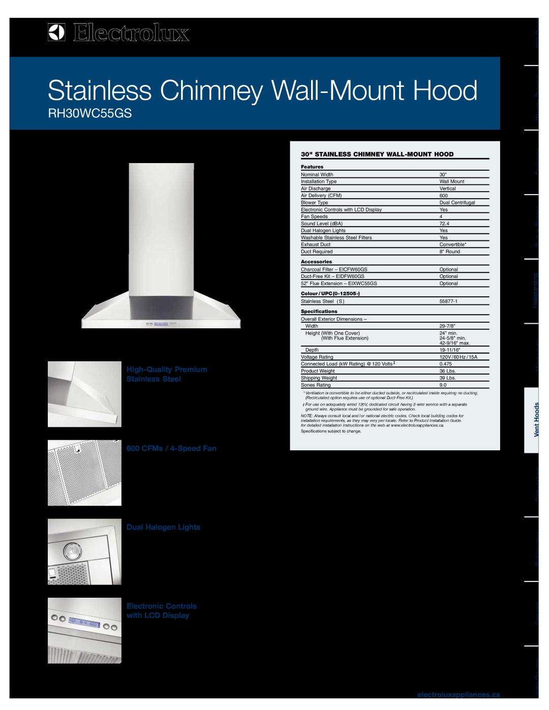 Electrolux RH30WC55GS specifications High-Quality Premium Stainless Steel, CFMs / 4-Speed Fan, Dual Halogen Lights 