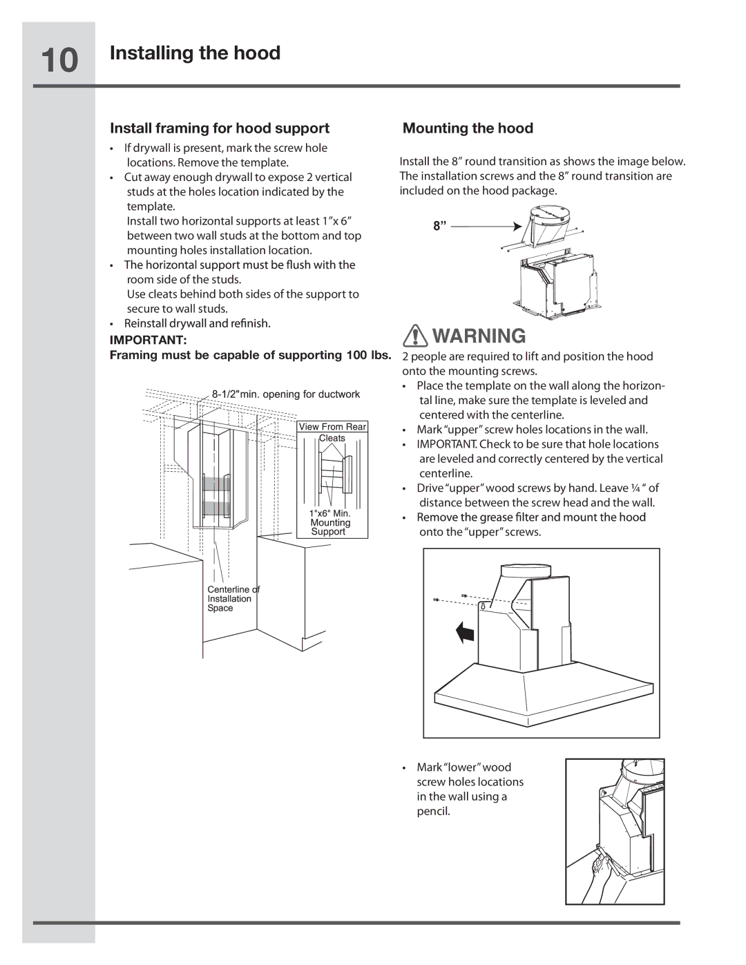 Electrolux RH30WC55GSB Install framing for hood support, Mounting the hood, Framing must be capable of supporting 100 lbs 