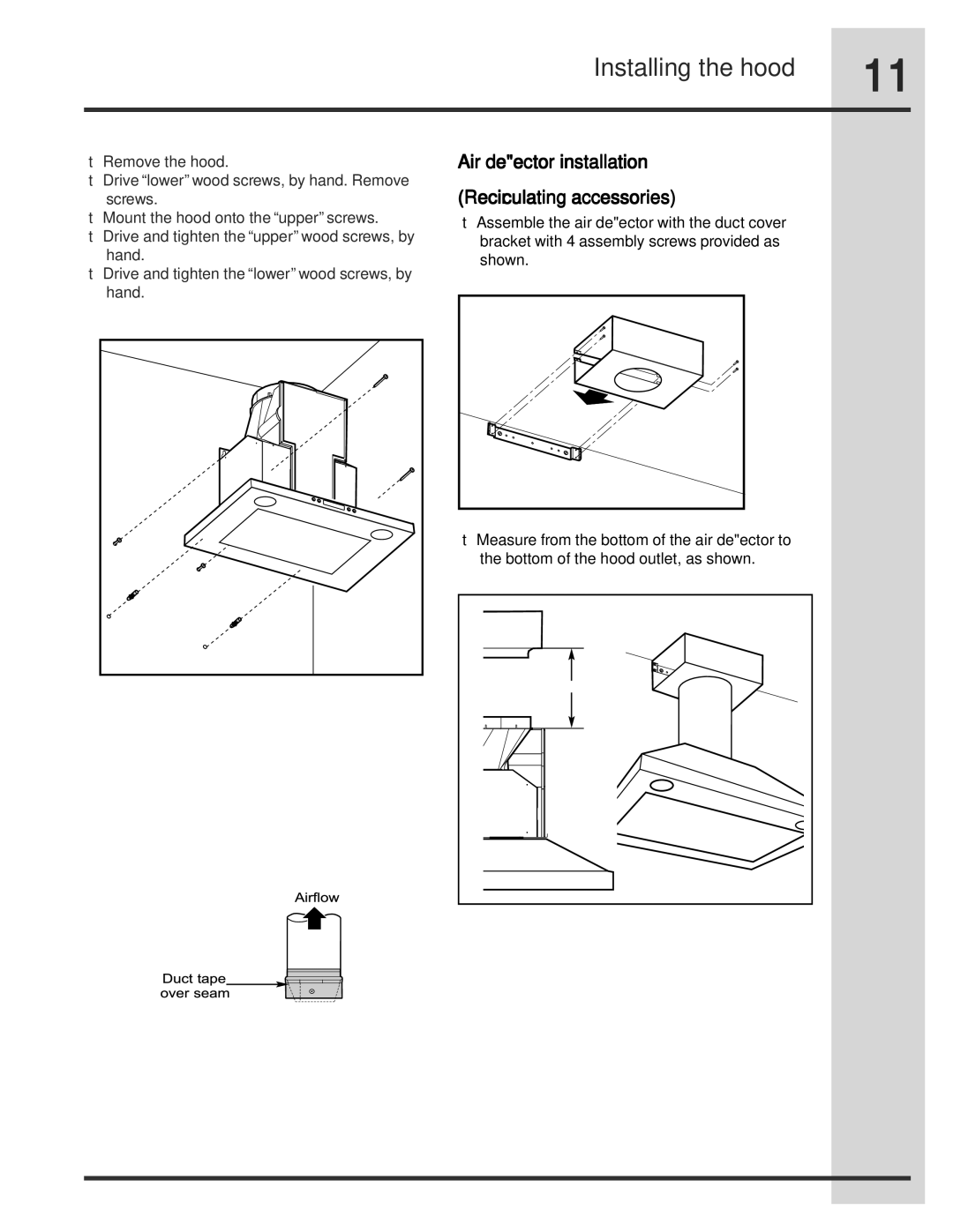 Electrolux RH30WC55GSB manual Air deector installation Recirculating accessories, Connecting the ductwork 