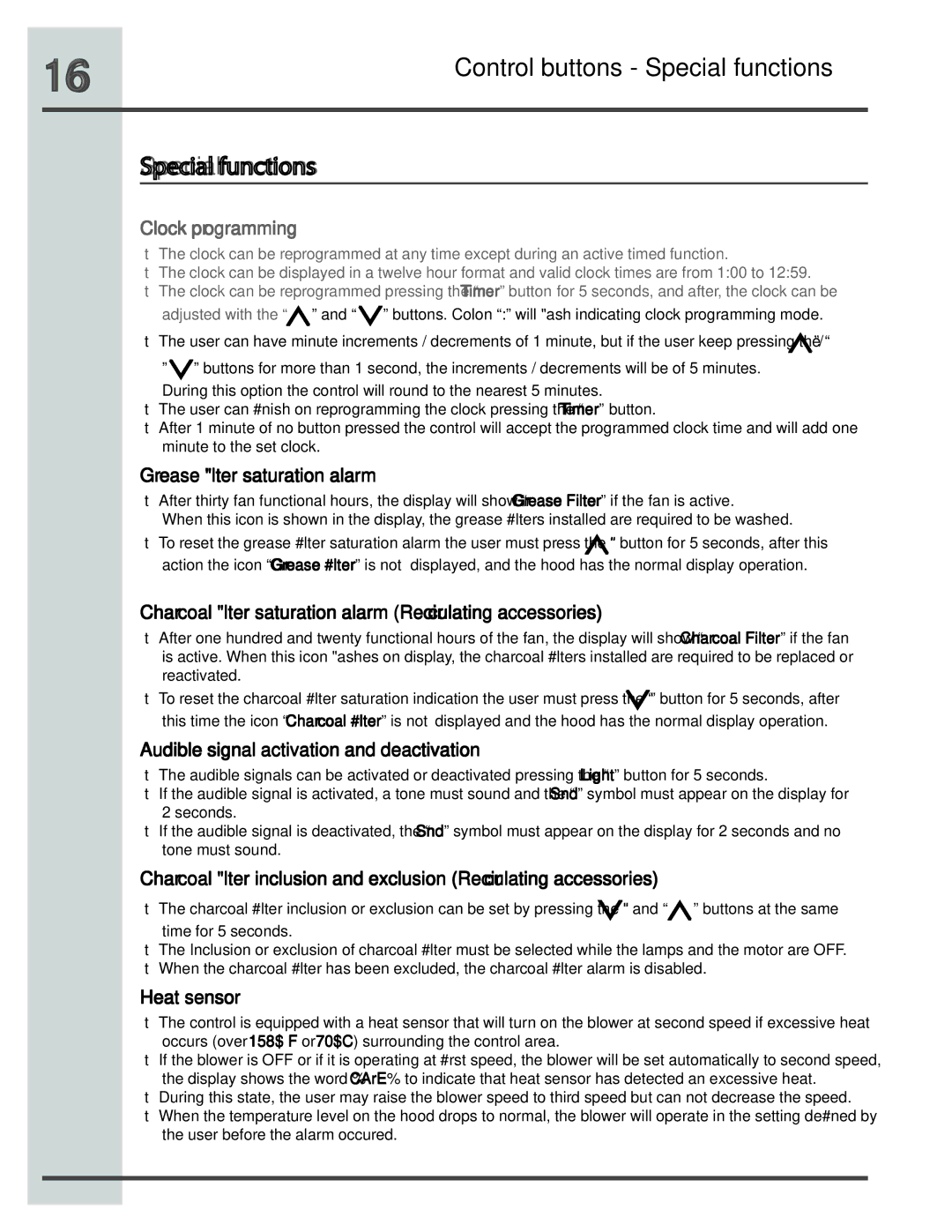 Electrolux RH30WC55GSB manual Clock programming, Grease lter saturation alarm, Audible signal activation and deactivation 