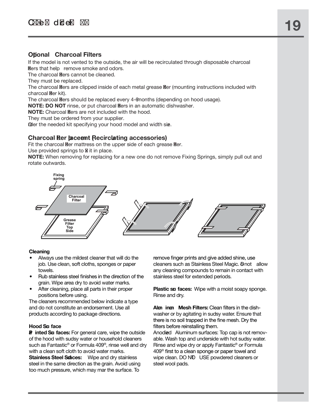 Electrolux RH30WC55GSB manual Optional Charcoal Filters, Charcoal lter placement Recirculating accessories, Cleaning 