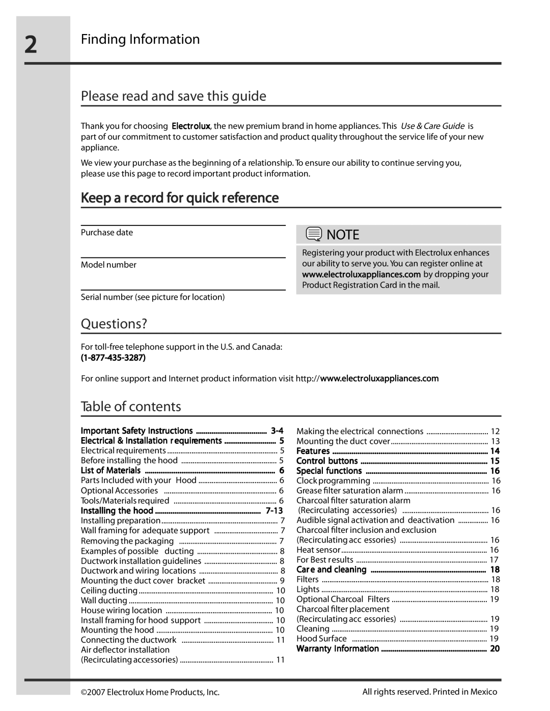 Electrolux RH30WC55GSB manual Please read and save this guide, Questions?, Table of contents 