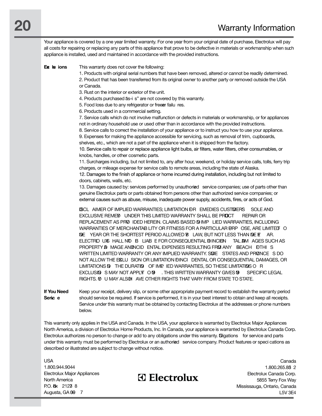 Electrolux RH30WC55GSB manual 20Warranty Information 