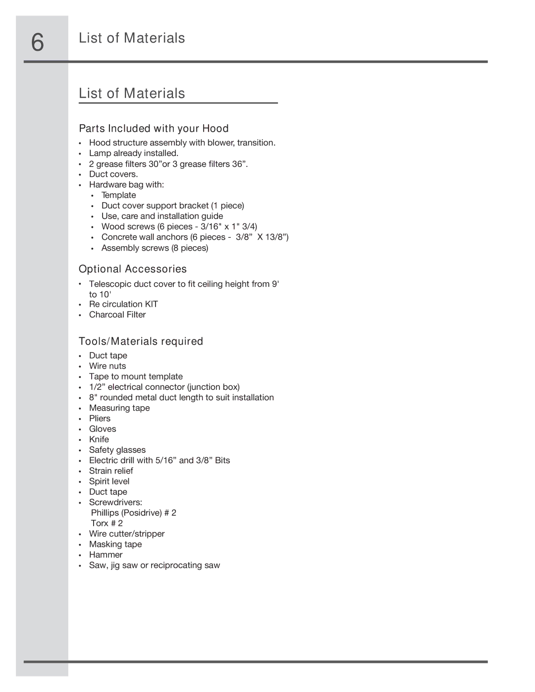 Electrolux RH30WC55GSB manual Parts Included with your Hood, Optional Accessories, Tools/Materials required 