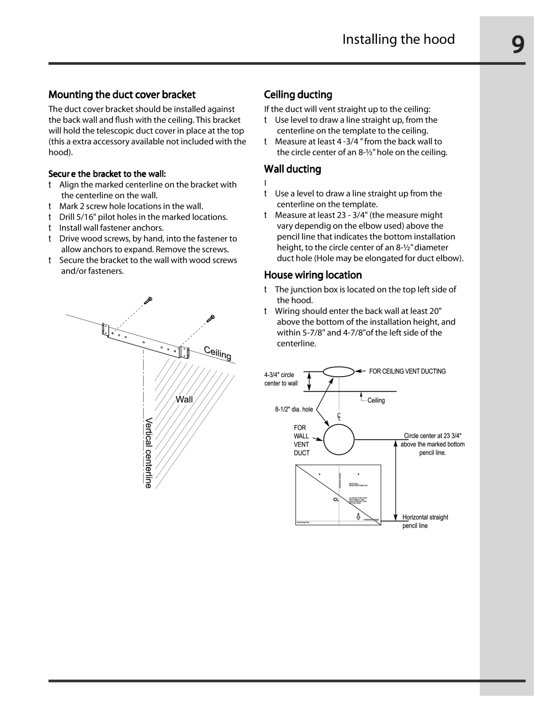 Electrolux RH30WC55GSB manual Mounting the duct cover bracket, Ceiling ducting, Wall ducting, House wiring location 