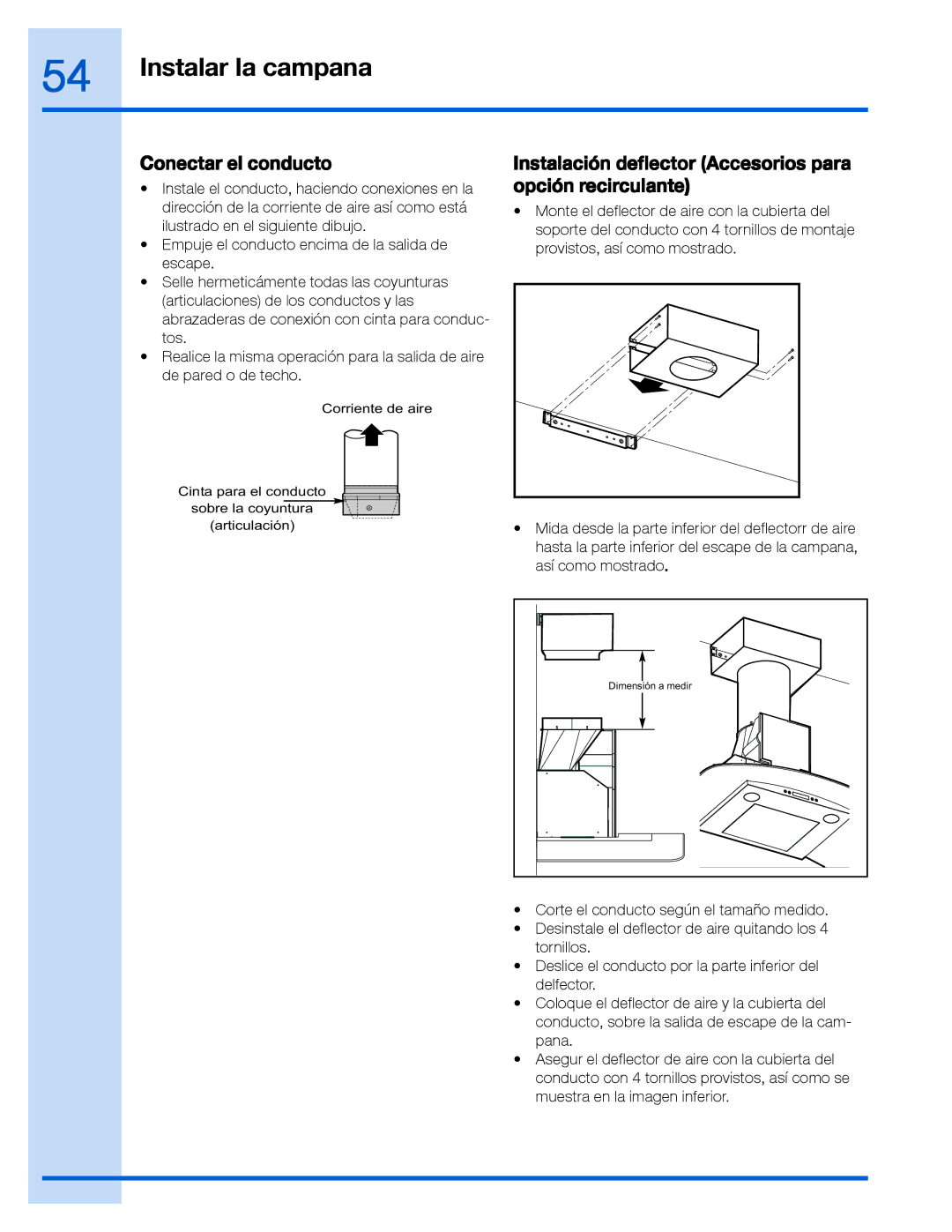 Electrolux RH30WC60GS manual Conectar el conducto, Instalación deflector Accesorios para opción recirculante 