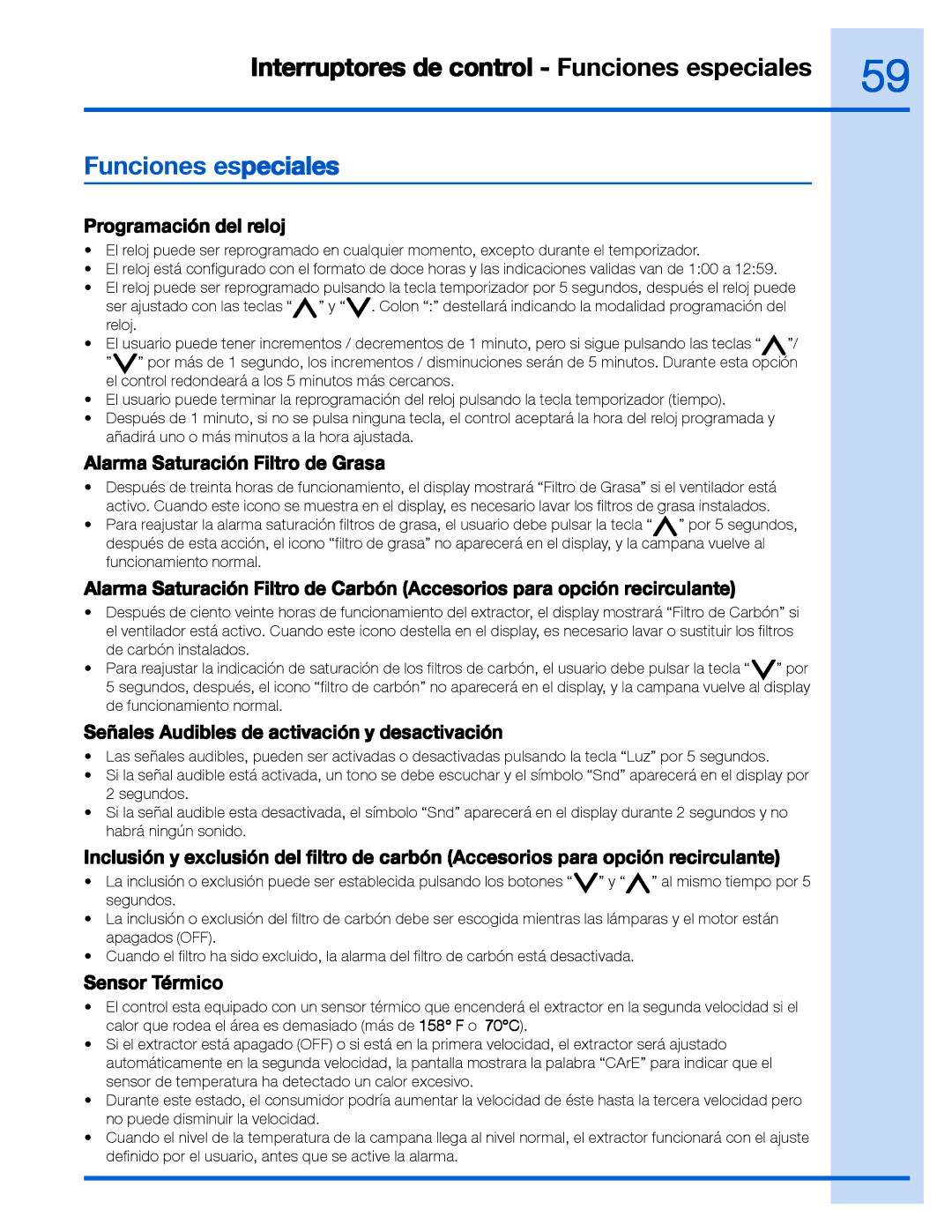 Electrolux RH30WC60GS Funciones especiales, Programación del reloj, Alarma Saturación Filtro de Grasa, Sensor Térmico 