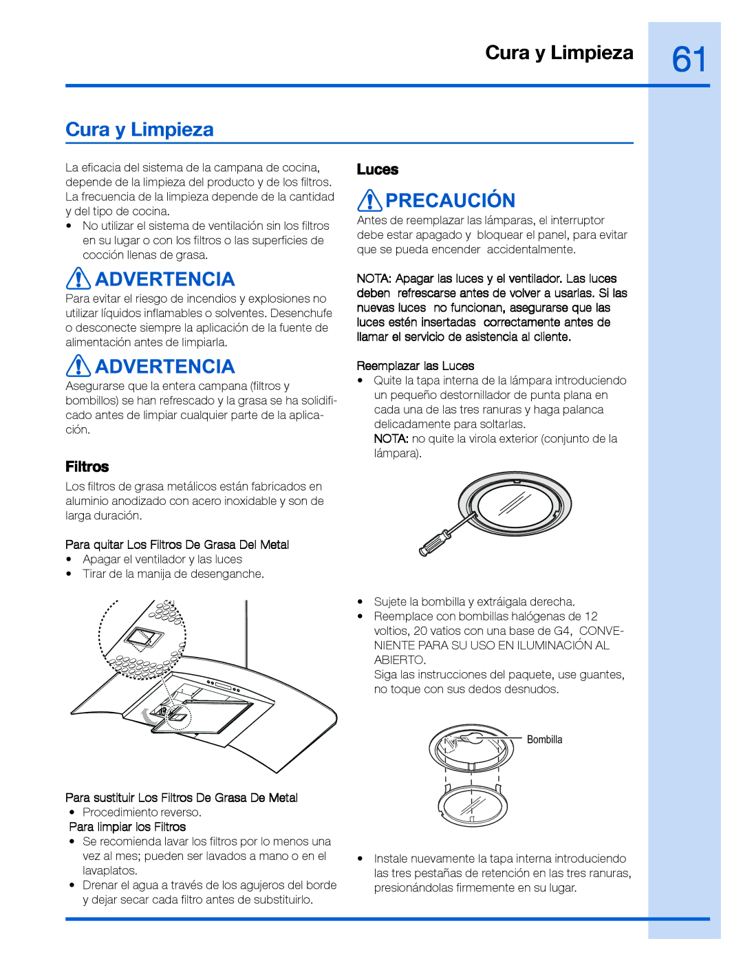 Electrolux RH30WC60GS manual Cura y Limpieza, Luces, Filtros 