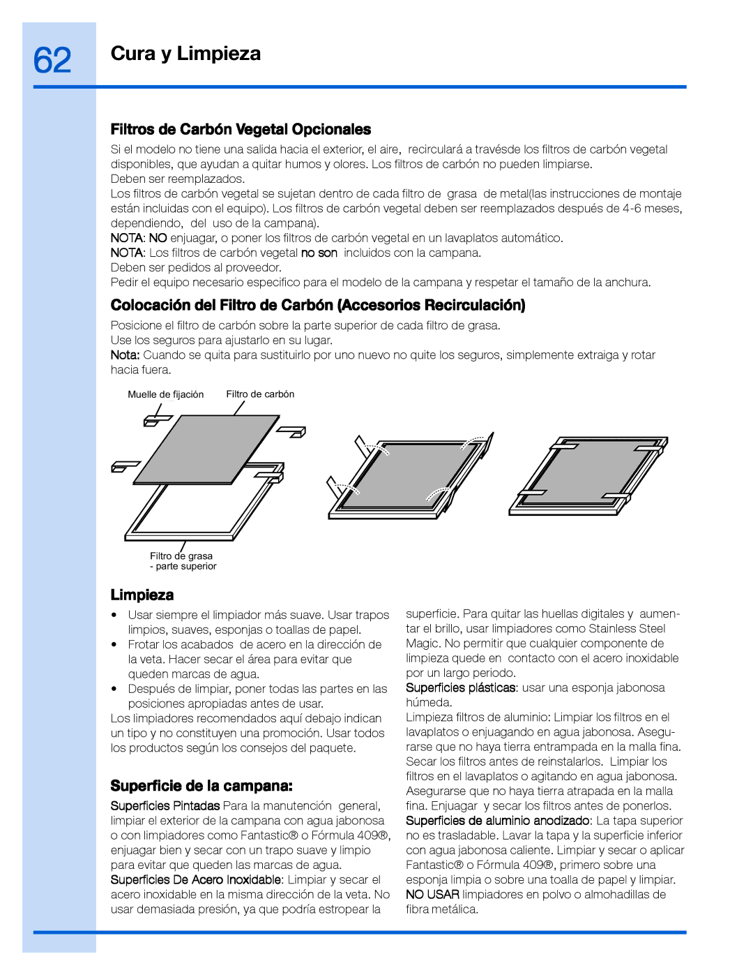 Electrolux RH30WC60GS manual Filtros de Carbón Vegetal Opcionales, Colocación del Filtro de Carbón Accesorios Recirculación 