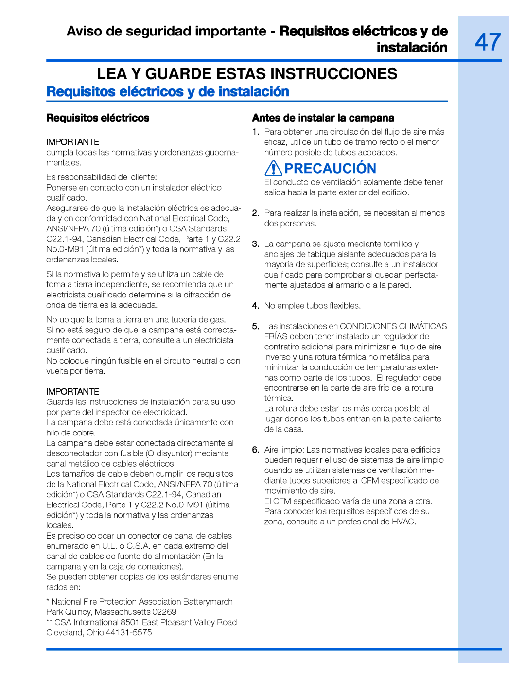 Electrolux RH30WC60GS manual Requisitos eléctricos y de instalación, Antes de instalar la campana 