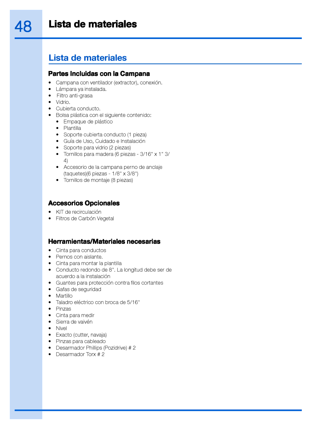 Electrolux RH30WC60GS manual Lista de materiales, Partes Incluidas con la Campana, Accesorios Opcionales 