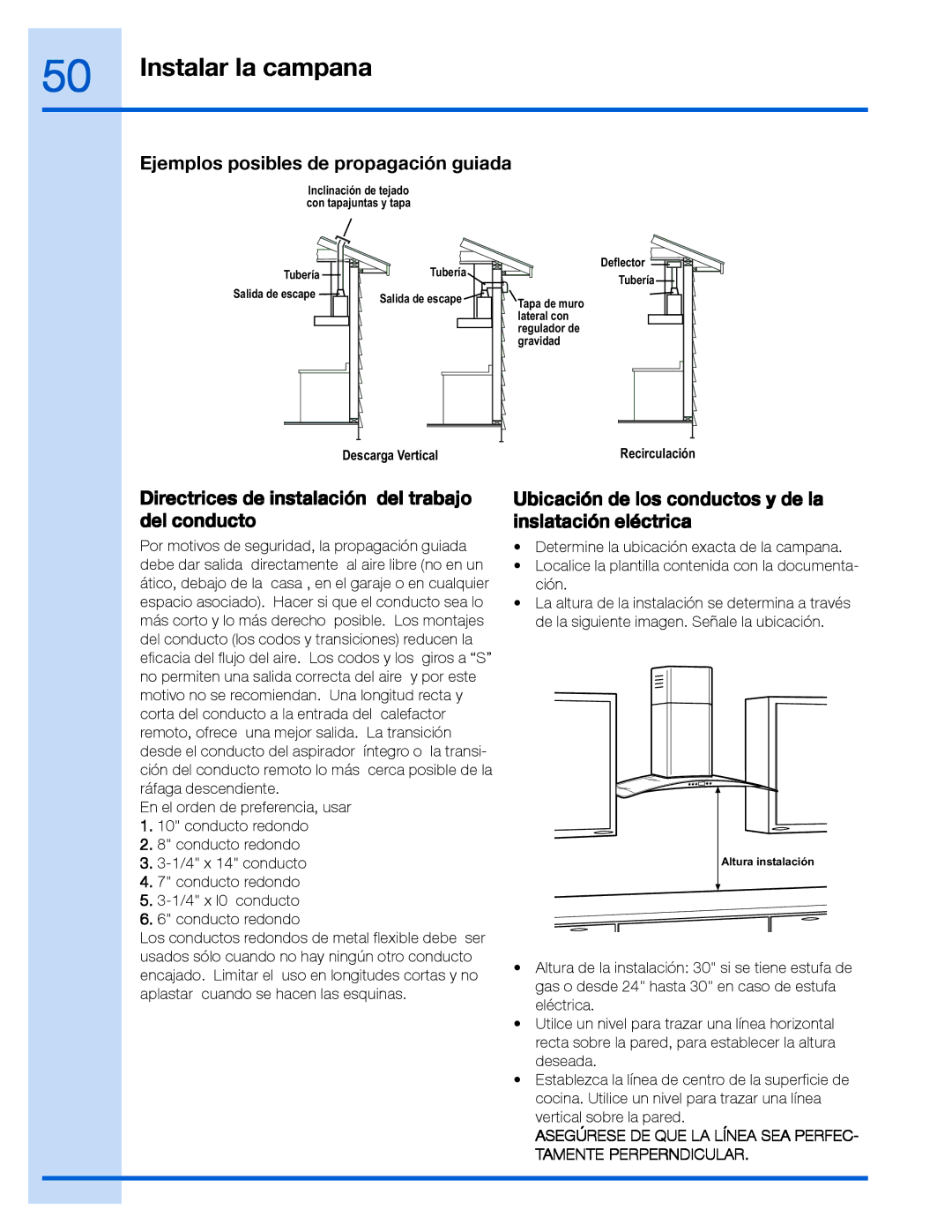 Electrolux RH30WC60GS manual Ejemplos posibles de propagación guiada, Directrices de instalación del trabajo del conducto 