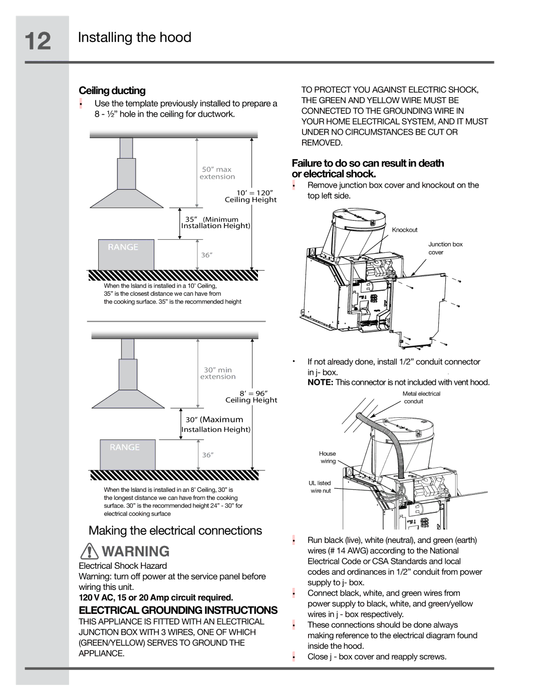 Electrolux RH36PC80GSB manual Ceiling ducting, Failure to do so can result in death or electrical shock 