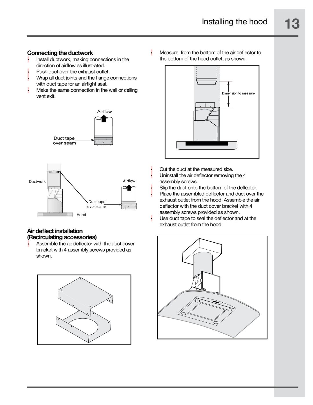 Electrolux RH36PC80GSB manual Connecting the ductwork, Air deflect installation Recirculating accessories 