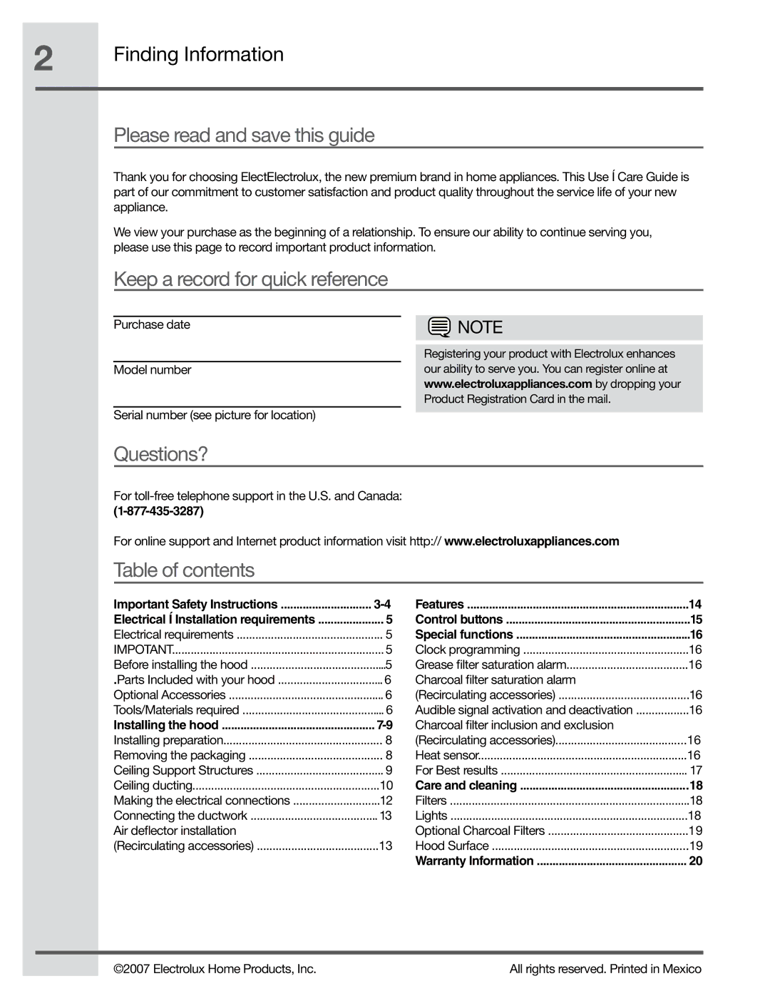 Electrolux RH36PC80GSB Please read and save this guide, Keep a record for quick reference, Questions?, Table of contents 