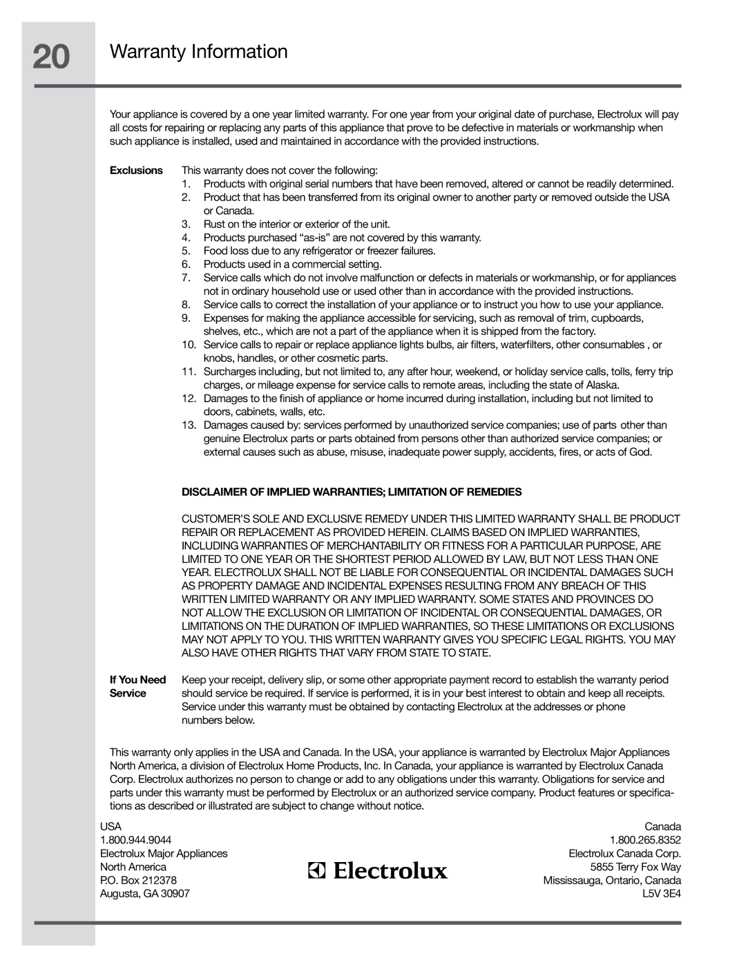 Electrolux RH36PC80GSB manual Warranty Information 