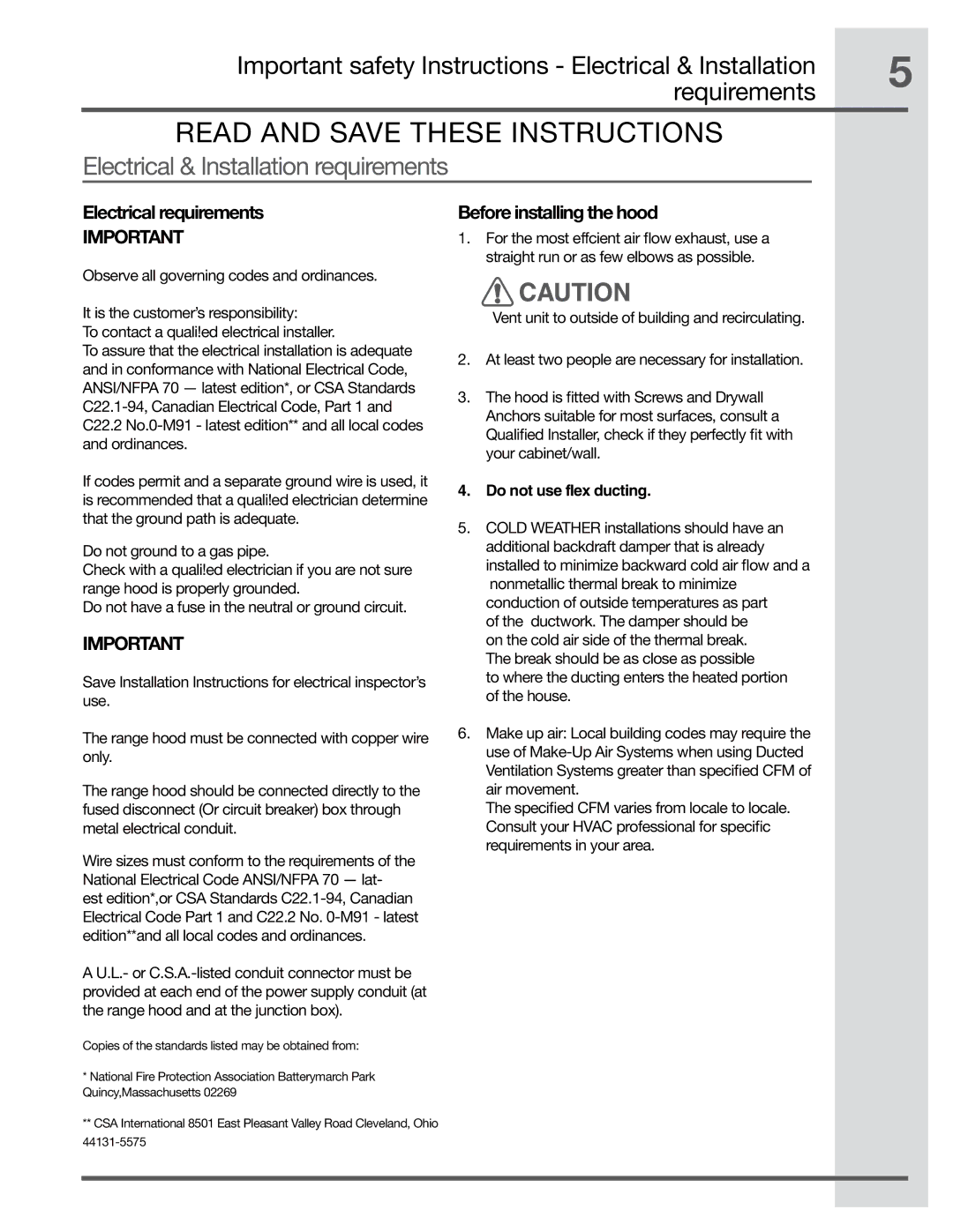 Electrolux RH36PC80GSB manual Electrical requirements, Before installing the hood, Do not use flex ducting 