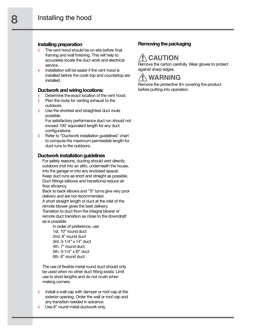 Electrolux RH36PC80GSB manual Installing preparation, Ductwork and wiring locations, Ductwork installation guidelines 