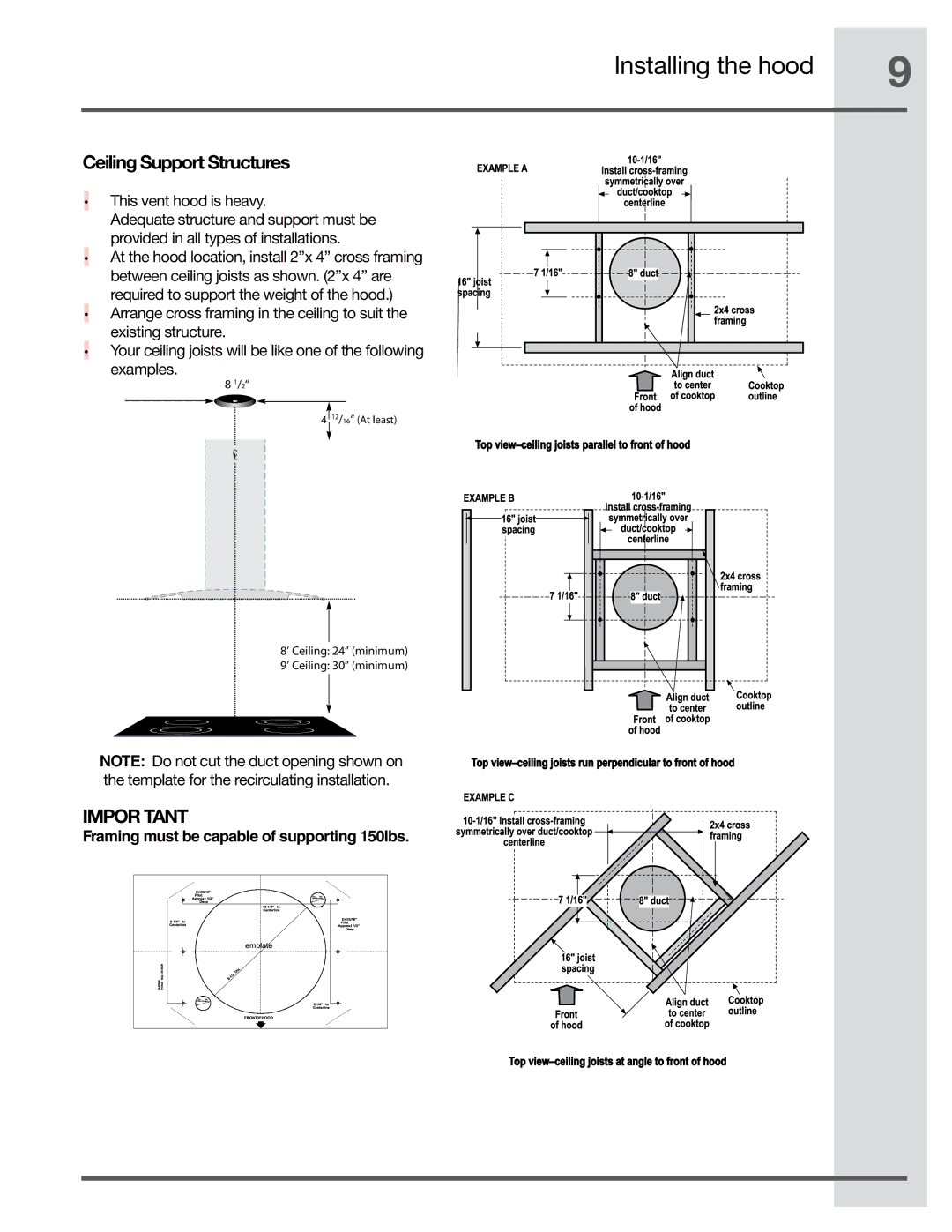 Electrolux RH36PC80GSB manual Ceiling Support Structures, Framing must be capable of supporting 150lbs 