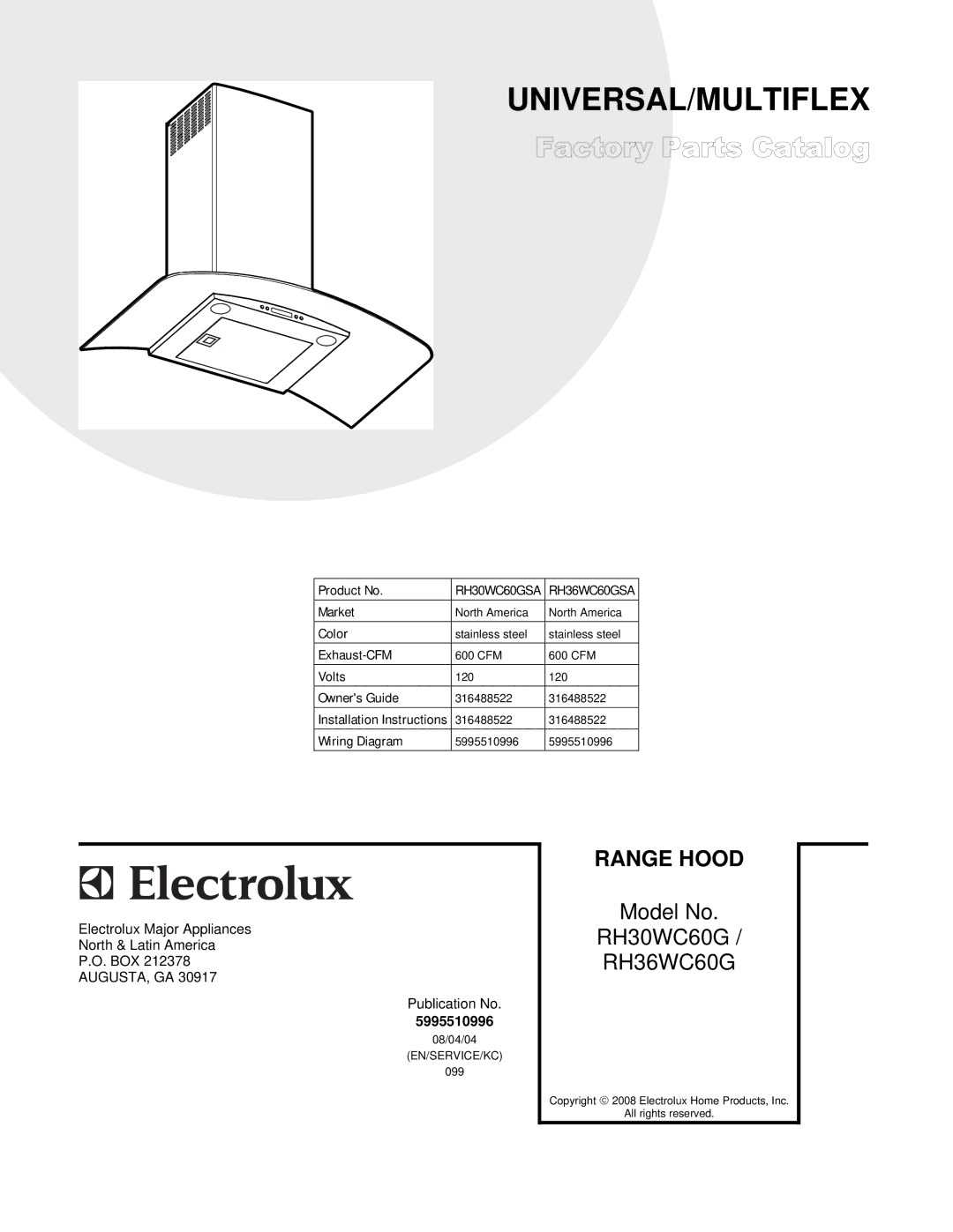 Electrolux installation instructions Universal/Multiflex, RH30WC60GSA RH36WC60GSA 