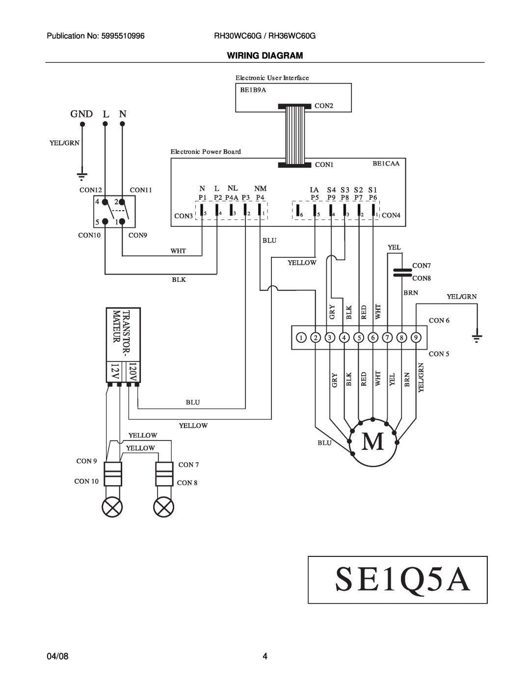 Electrolux RH36WC60GSA, RH30WC60GSA installation instructions Wiring Diagram, 04/08, RH30WC60G / RH36WC60G 